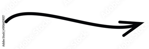 Hand Drawn Black Curved Arrow Sketch Design Element Pointing Right for Business Direction Progress Flow and Creative Success Concept on White Background.