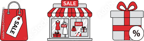 Shopping bag, storefront, and gift box icons representing sales and discounts