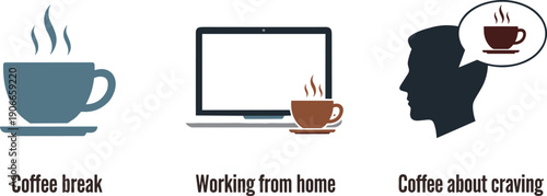 Coffee break, working from home, and coffee craving icons illustrating daily routines