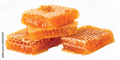 realistic four stacked honeycomb pieces with dripping honey in different style isolated on transparent background