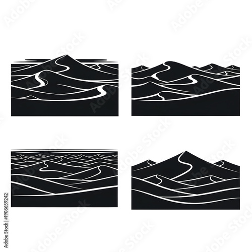 Four black and white landscape illustrations showcasing varied mountainous terrains and winding paths from different viewpoints