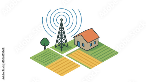 Cell tower vector illustration with house and fields in rural area