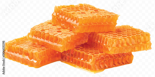 realistic four stacked honeycomb pieces with dripping honey in different style isolated on transparent background