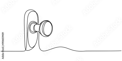 Door knob continuous one line drawing. Open door one line illustration. One continuous line drawing of opened door. Door outline drawing illustration. Continuous one line drawing of Opened door design