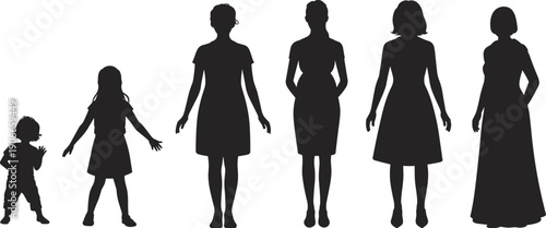 Female life stages silhouettes from toddler to adult woman, growth and age evolution concept, black vector illustration isolated