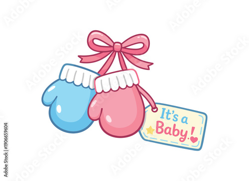 tiny baby mittens tied together with ribbon and birth label cute newborn accessory icon clean shapes. colored flat icon vector illustration