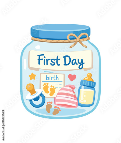 baby memory jar with tiny items and label first day birth keepsake symbol clean shapes. colored flat icon vector illustration