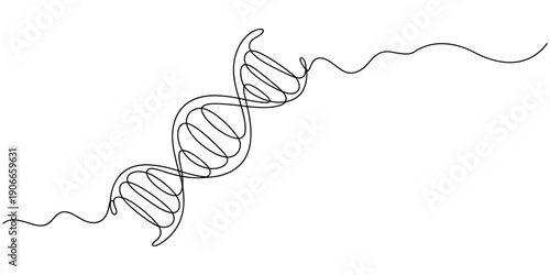 DNA continuous one line drawing. Genome linear structure symbol. Vector illustration isolated on white, DNA in detailed one line drawing. Scientific research concept. Minimalist vector with modern.