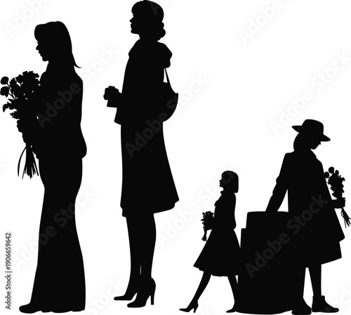 Female silhouettes holding flowers representing life stages from childhood to adulthood isolated on white background elegant illustration