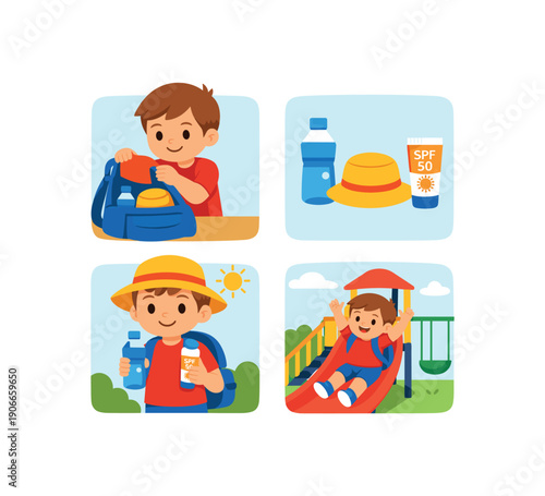 social story strip child packing bag water hat sunscreen then going to playground prepared outing routine clean shapes. colored flat icon vector illustration