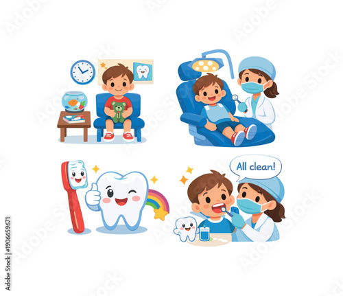 story sequence of dentist visit waiting room big chair toothbrush sticker gentle dental routine for kids clean shapes. colored flat icon vector illustration