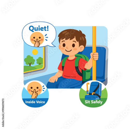 social narrative showing child using inside voice on bus sitting and holding rail safe riding routine clean shapes. colored flat icon vector illustration