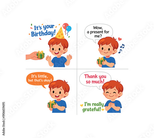social story panels about birthday gift receiving child smiling saying thank you even if gift is small gratitude script clean shapes. colored flat icon vector illustration