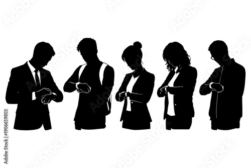 Silhouettes of diverse adults checking watches in business attire.
