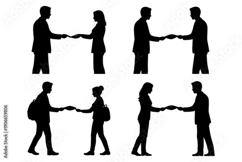 Silhouettes of diverse people exchanging handshakes in various scenarios.