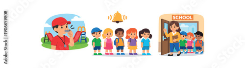three story about recess whistle blowing kids line up teacher leads class back inside transition script clean shapes. colored flat icon vector illustration