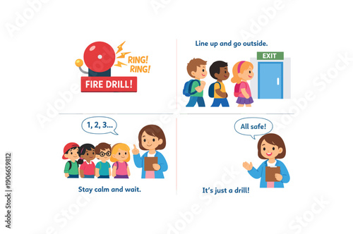 social narrative panels about fire drill alarm bells line outside teacher counting calm safe routine clean shapes. colored flat icon vector illustration