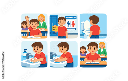 story panels about using bathroom at school raise hand hall pass toilet wash hands return to class restroom routine clean shapes. colored flat icon vector illustration