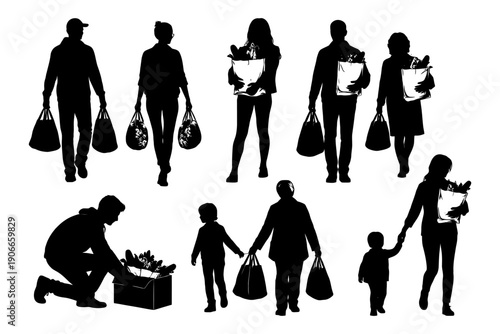 Silhouettes of diverse people grocery shopping and carrying bags.