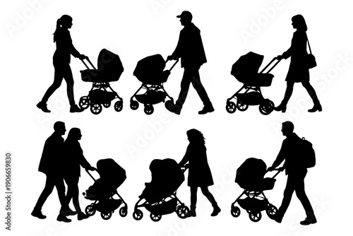 Silhouettes of adults pushing baby strollers in various poses.