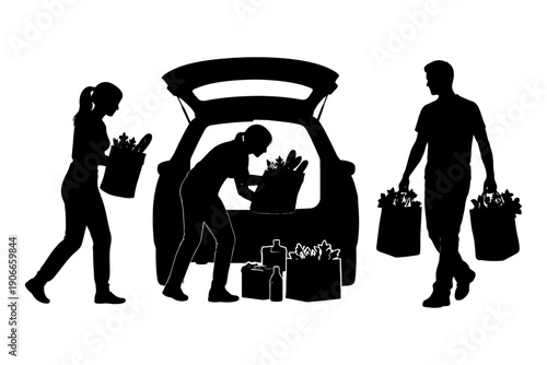 Silhouettes of diverse adults unloading groceries from car trunk.