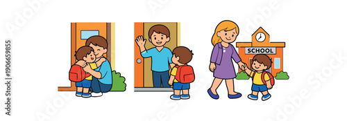 social story strip about morning separation child hugging parent at door parent waving teacher holding hand school drop off routine clean shapes. colored flat icon vector illustration