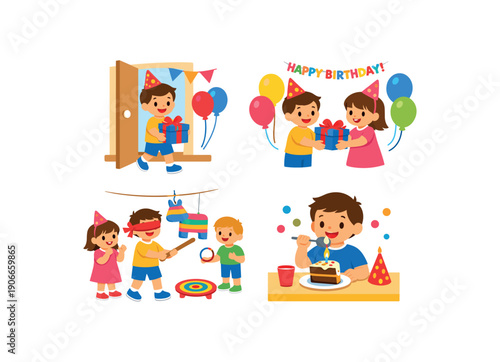 picture sequence child entering birthday party room giving gift playing games eating cake simple party expectations clean shapes. colored flat icon vector illustration