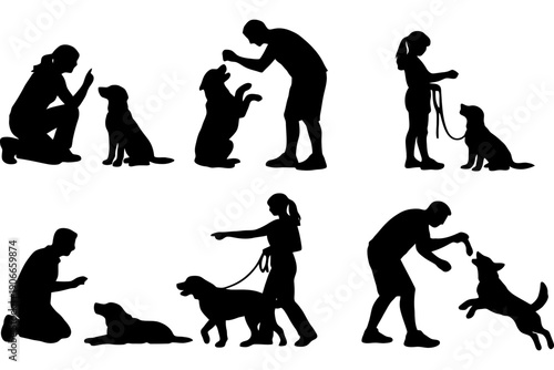 Silhouette of adults training dogs in various poses.