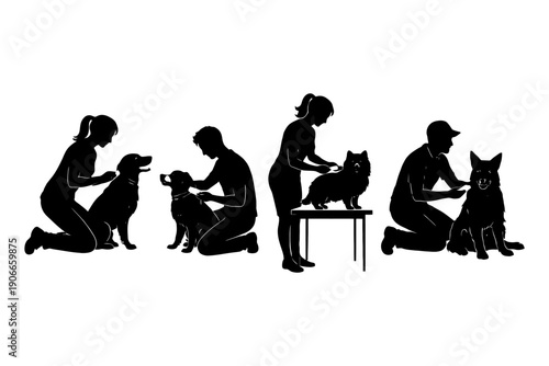 Silhouettes of people grooming dogs: interaction and care.