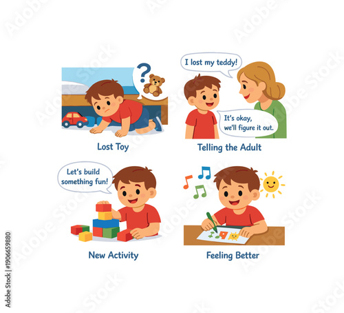 four panel story about losing toy child searching telling adult finding new activity coping with loss script clean shapes. colored flat icon vector illustration