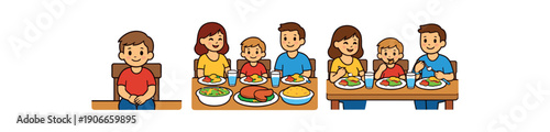 story strip child joining family meal sitting at table waiting hands lap food served then eating together table manners script clean shapes. colored flat icon vector illustration