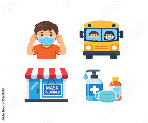 social story card set about mask wearing child putting on mask bus icon store icon remove at home health routine script clean shapes. colored flat icon vector illustration