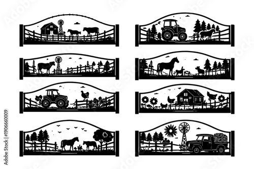 Rustic farm scenes with animals and tractors in black silhouette panels.