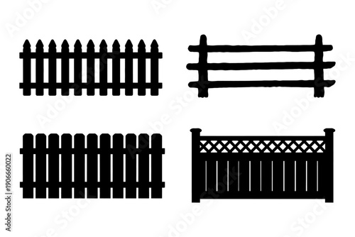 Silhouette of four fence designs in various styles and patterns.