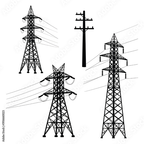 Electricity transmission towers and power lines set against a clear backdrop viewed from a slight angle