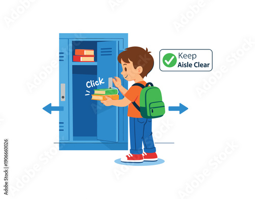social narrative child using school locker open door put books close gently keep aisle clear hallway routine clean shapes. colored flat icon vector illustration