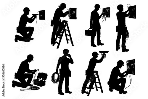 Silhouette of electrician at work - male, adult, tools, wiring, ladder, installation.