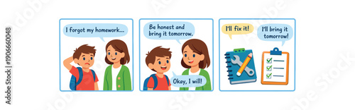 three frame story child forgetting homework telling teacher honestly plan to bring tomorrow repair and plan script clean shapes. colored flat icon vector illustration