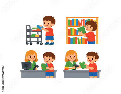 social story card child returning library books put on cart pick new book checkout simple responsibility routine clean shapes. colored flat icon vector illustration