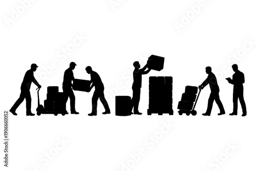 Silhouette of workers moving boxes and using hand trucks.