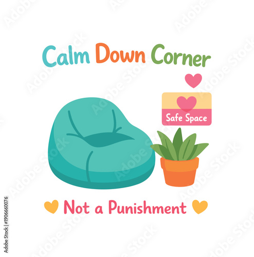 calm down corner with beanbag plant and tiny heart safe space instead of punishment clean shapes. colored flat icon vector illustration