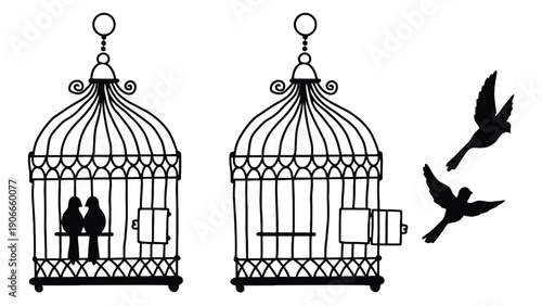 Birdcage vector illustration with birds flying free outside the open cage
