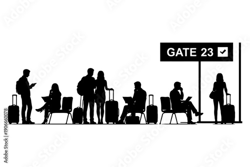 Silhouette of travelers waiting at airport gate 23.
