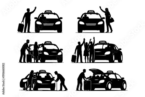 Silhouette illustrations of diverse people interacting with taxis.