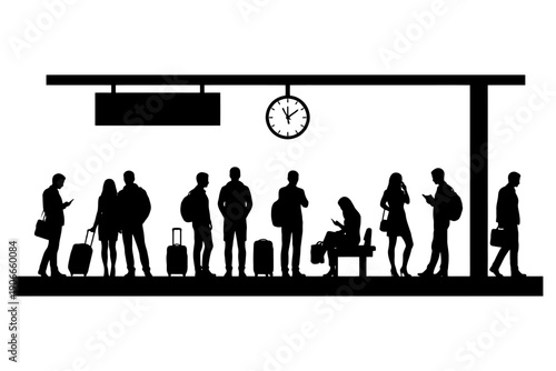 Silhouette of people with luggage at train station platform.