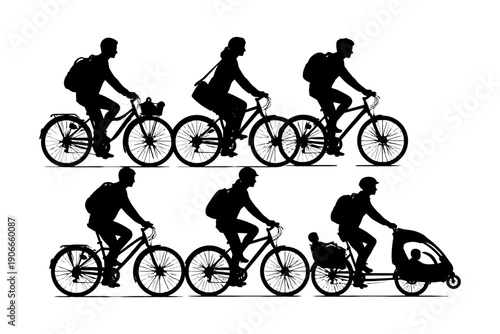 Silhouette of bicycle commuters and family biking with child trailer.