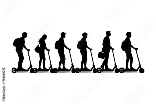 Silhouette of diverse adults commuting on electric scooters.