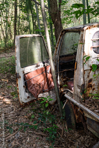 竹林に放置された錆びた軽トラックの廃車風景