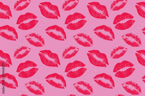 Pink lipstick kiss pattern with red lip prints on soft background. Seamless romantic texture for fashion, beauty, or Valentine designs. Playful love themed background isolated.