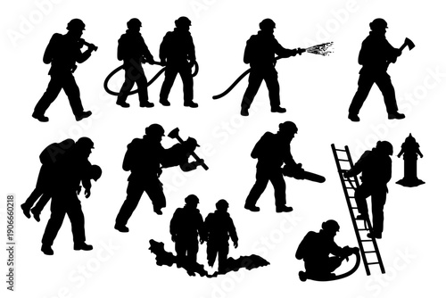 Silhouette illustrations of firefighters in action with tools and ladders.